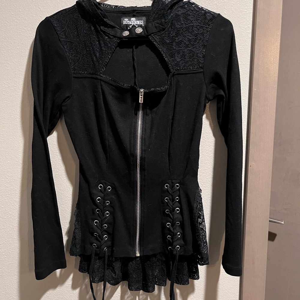 Black Lace-Up Jacket with Lace Details